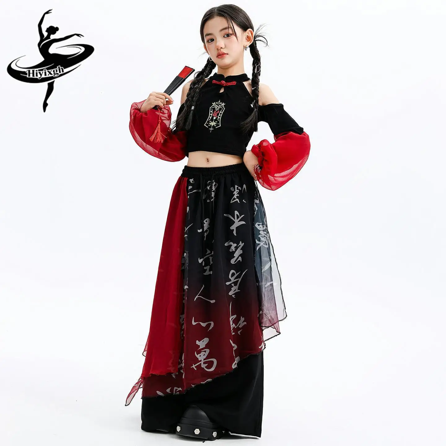 

Одежда в китайском стиле для девочек: укороченный топ с длинными рукавами, повседневные широкие брюки, крутой костюм для джазовых танцев, одежда для групповых выступлений