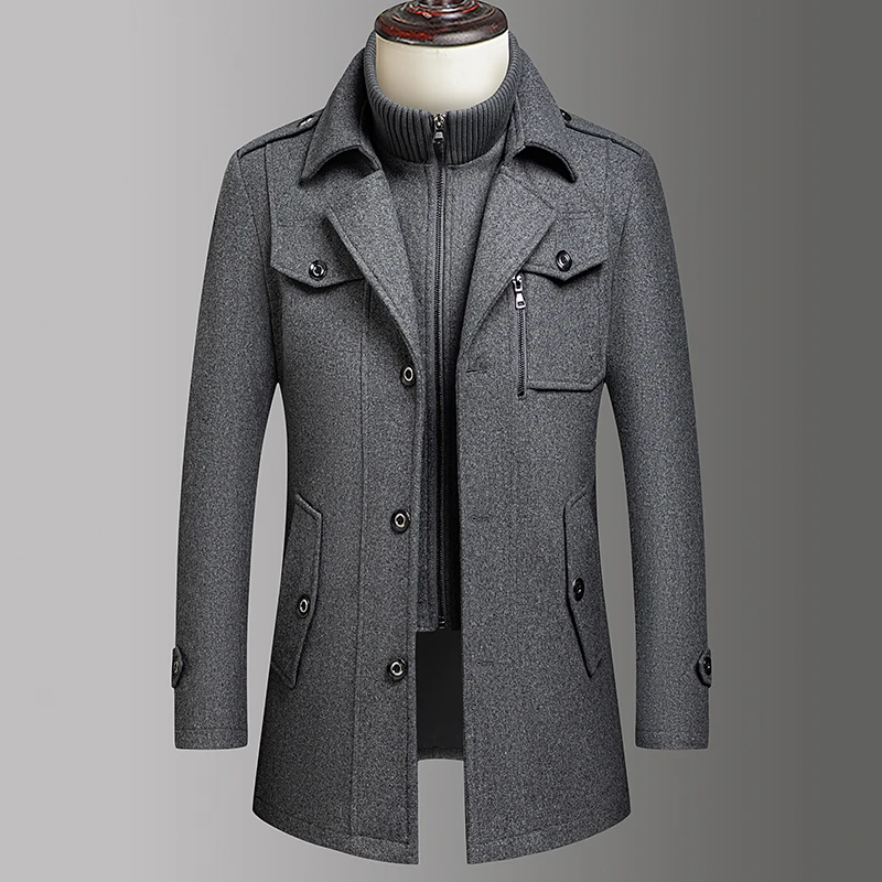 Men's Double Collar Wool Coat Stylish Autumn Winter Business Fashion High-Quality Midlife Men's Trendy Woolen Outerwear