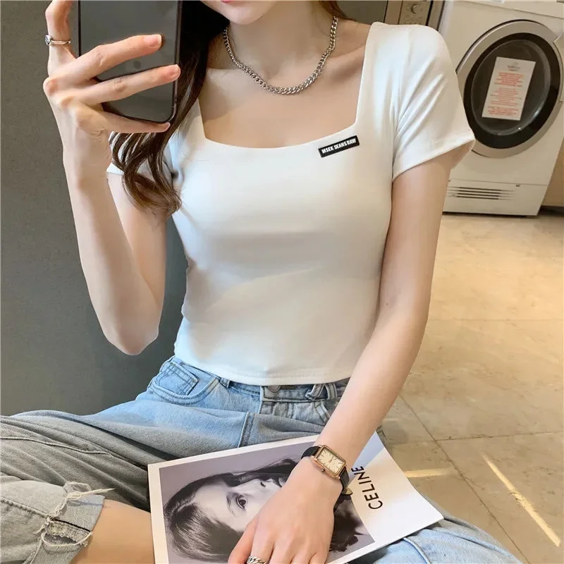 Square Collar Cotton Short Sleeve T-shirt Female Slim 2023 Summer New Fashion Temperament Simple High Waist Short Women's Top