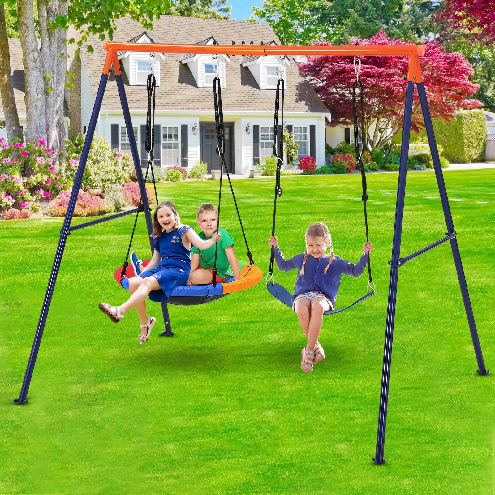 Ensemble de balançoires d'extérieur robustes pour 2 enfants, balançoire ronde avec structure en métal en forme de A, cordes réglables, charge maximale 200 kg, pour jardin et aire de jeux