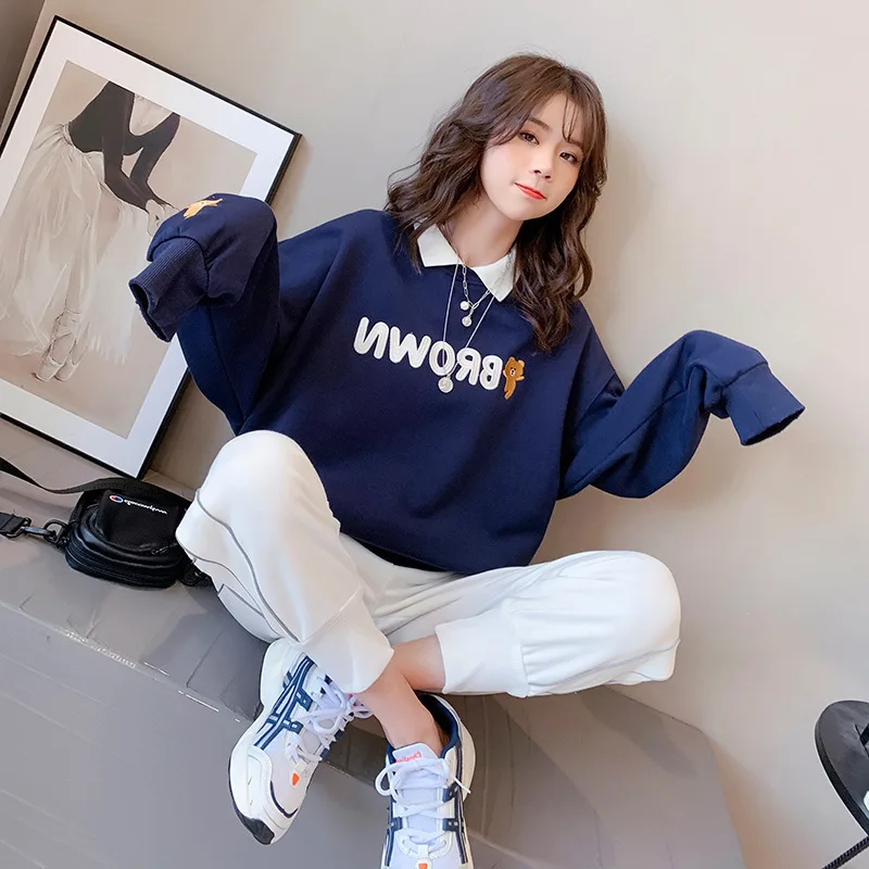 Women\'s Sweatshirt Korean Style Letter Printing Oversized Sweatshirt Women Turn-down Collar Pullovers Loose Cute Top Clothes