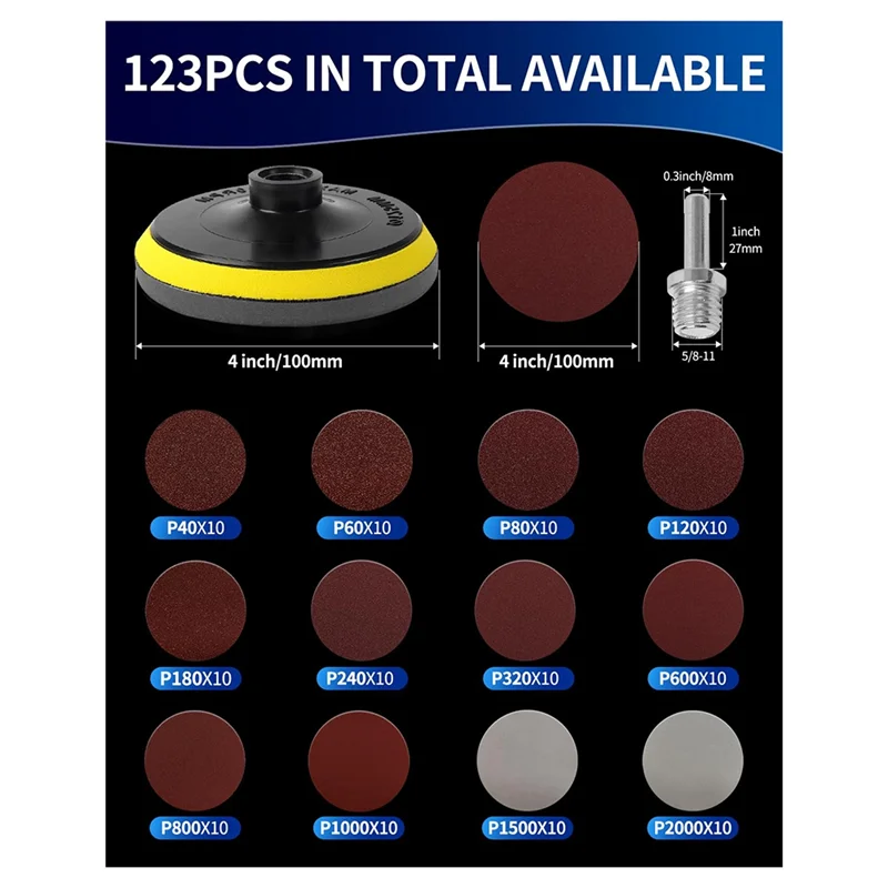 

WORTHOWN-123PCS Angle Grinder Sanding Discs Attachments, 4 Inch Hook And Loop Backing Pad With 5/8-11 Thread, Wet Dry Sanding Pa