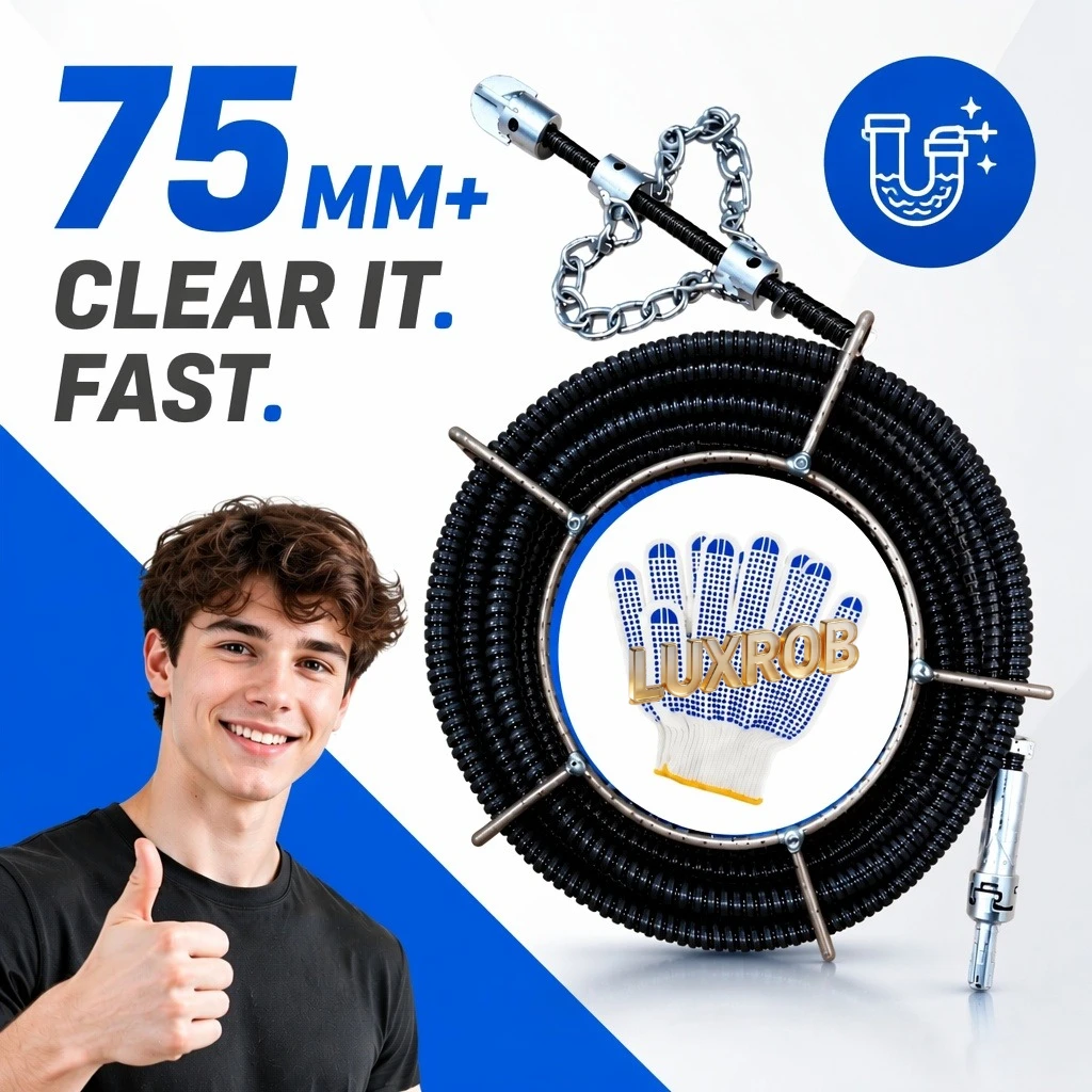 5-20M Heavy Duty Drain Spring Sewer Dredger, Cross Drill Bit Electric Pipe Cleaner Kitchen Bathroom, With Storage Basket