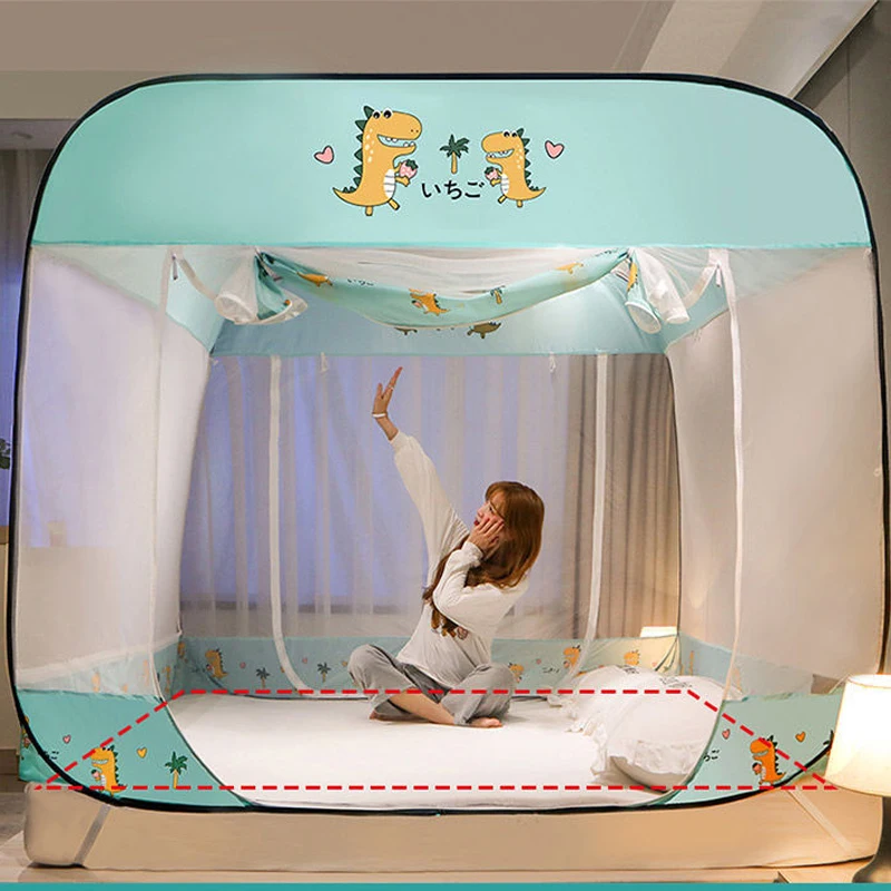 

2 Colors Cartoon Print Pattern Children Mosquito Net Home Mongolian Yurt Three Doors Mosquito Net Foldable Kids Mosquito Net