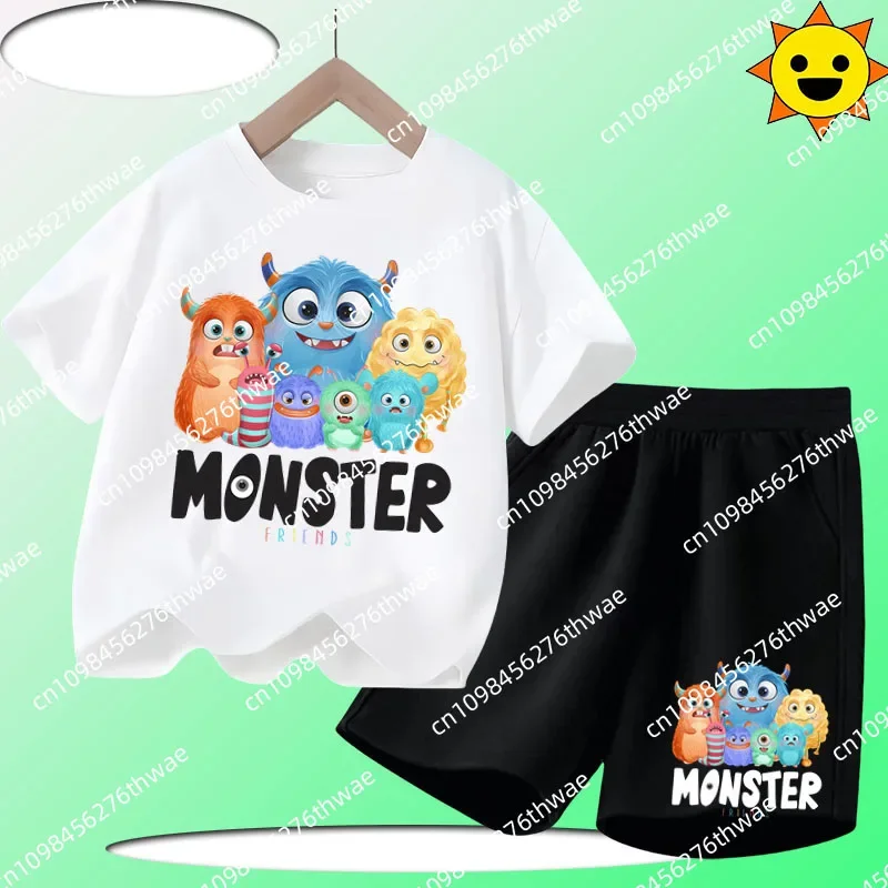 

2025 Children's Short-Sleeved Set with Monster Cartoon Print Summer T-Shirt for Boys and Girls - Cute Casual Shirt and Shorts