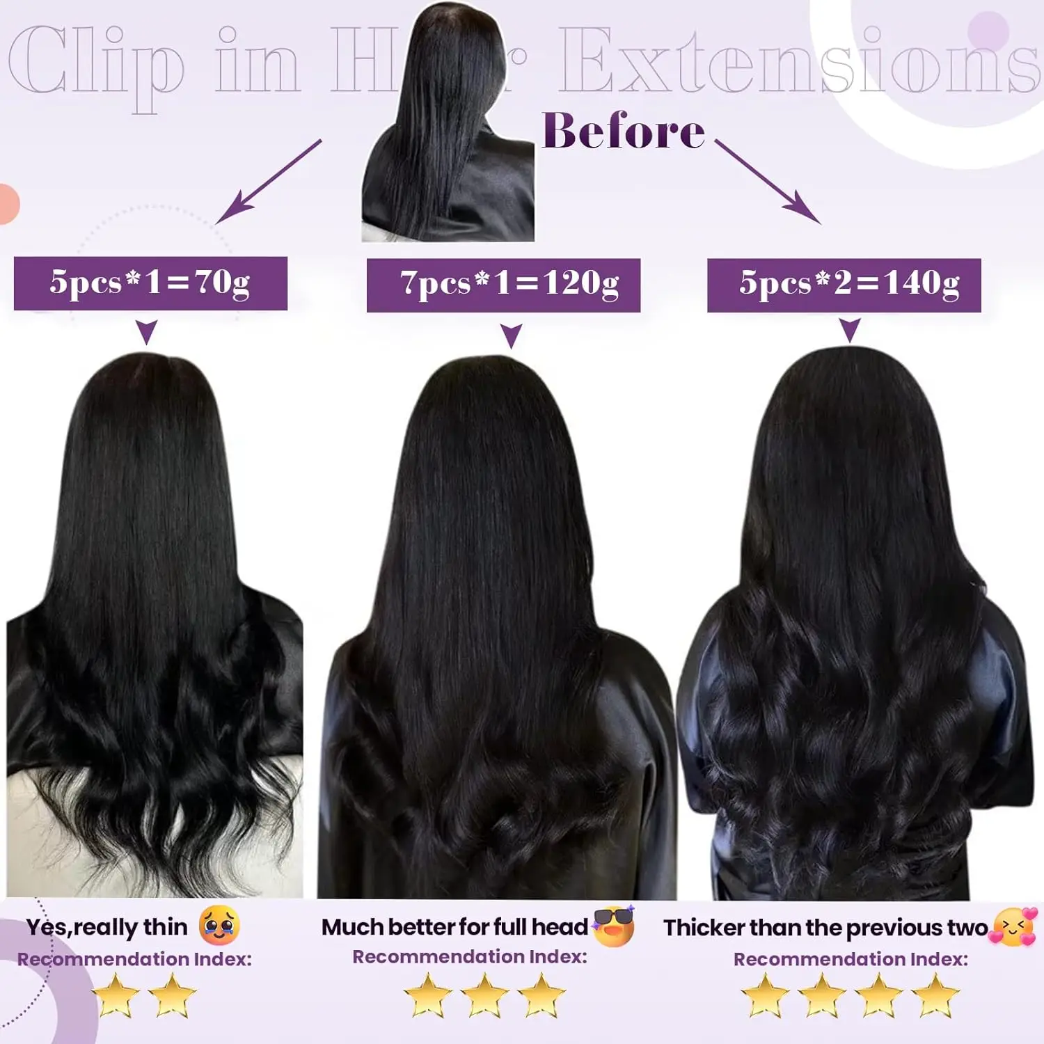 LaaVoo คลิปในส่วนขยายของผม 100% ผมมนุษย์จริงธรรมชาติตรง Real Remy Double Weft คลิปในส่วนขยายเต็มหัว 80G และ 105G