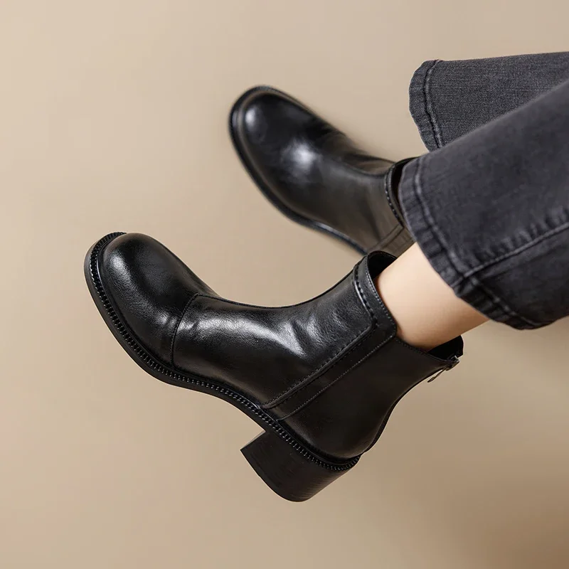 2026 new winter women ankle boots natural leather plus size 22-26cm cowhide round toe thick heel retro back zip short boots