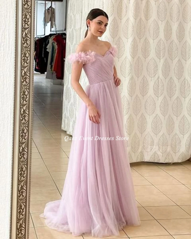 Qanz Sweetheart Tulle A-line Prom Dresses 2023 Short Ruffles Sleeves Pleat Formal Occasion Dresses Vintage Long Vestidos De Gala