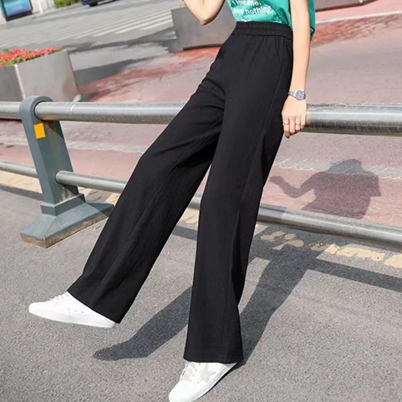 Plus size Women Ankle-Length Wide Leg Pants Casual Summer Solid Elastic Waist Loose Ice Silk Pants Spring Summer Female Trousers image 5