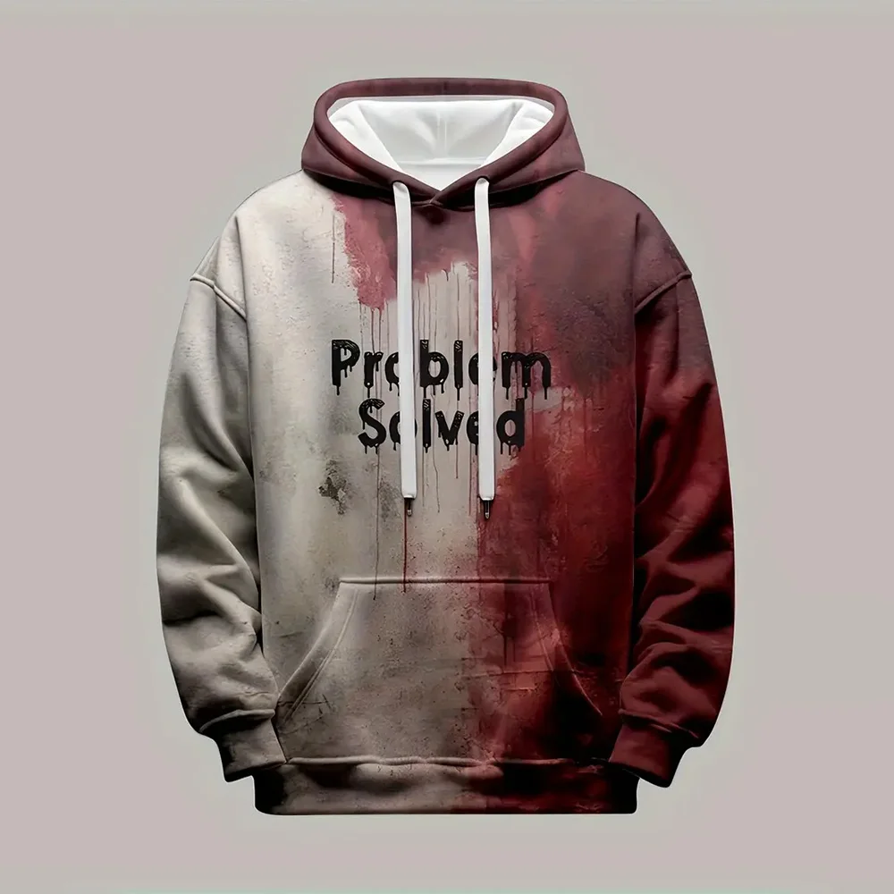 Men's color contrast deconstructed print hoodie with kangaroo bag, casual long-sleeved hoodie, suitable for outdoor wear