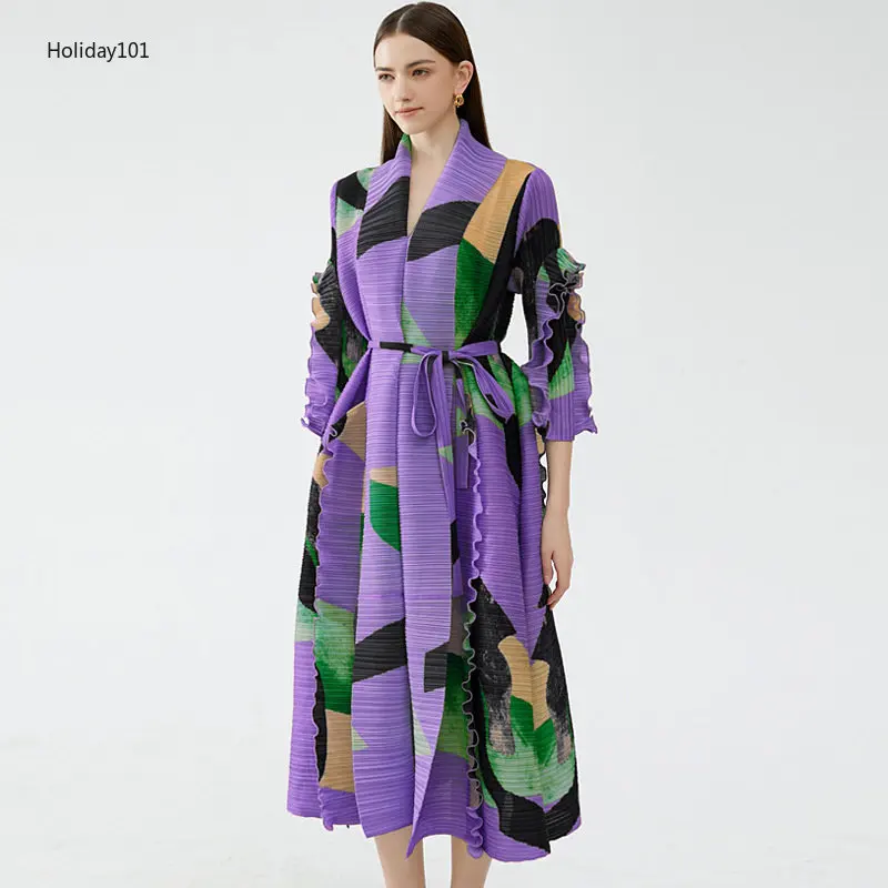 

Miyake Pleated Turn-down Collar Petal Sleeve Dress Belt Women 2023 Spring New Original Designer Violet Printed Plus Size