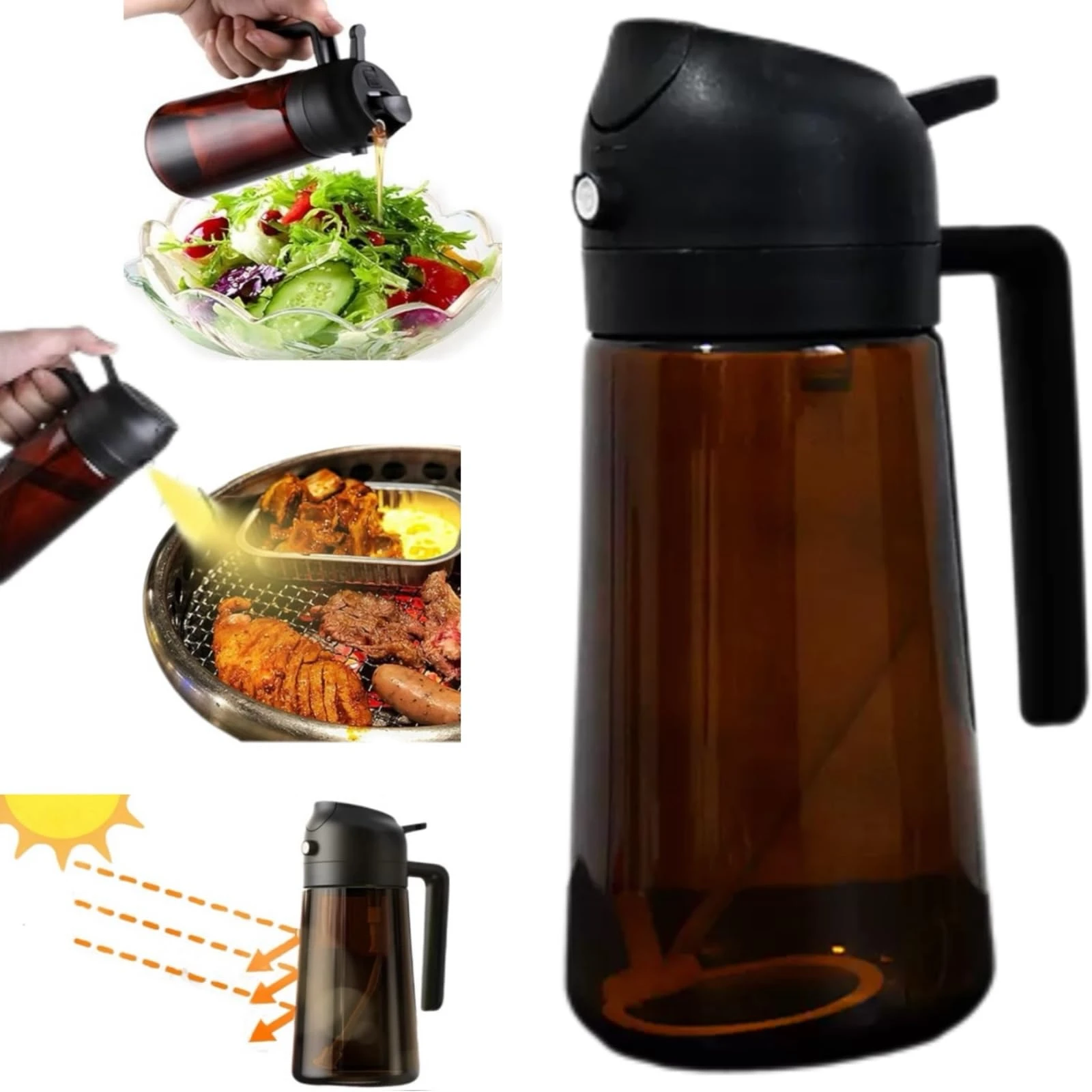 Dispensador de aceite de oliva 2 en 1 para cocina, botella pulverizadora de aceite de 16 oz para cocinar, botella de vidrio para pulverizar y verter aceite, pulverizador de grado alimenticio para freidora de aire, ensaladas, repostería, barbacoa, con bloqueo de luz mejorado