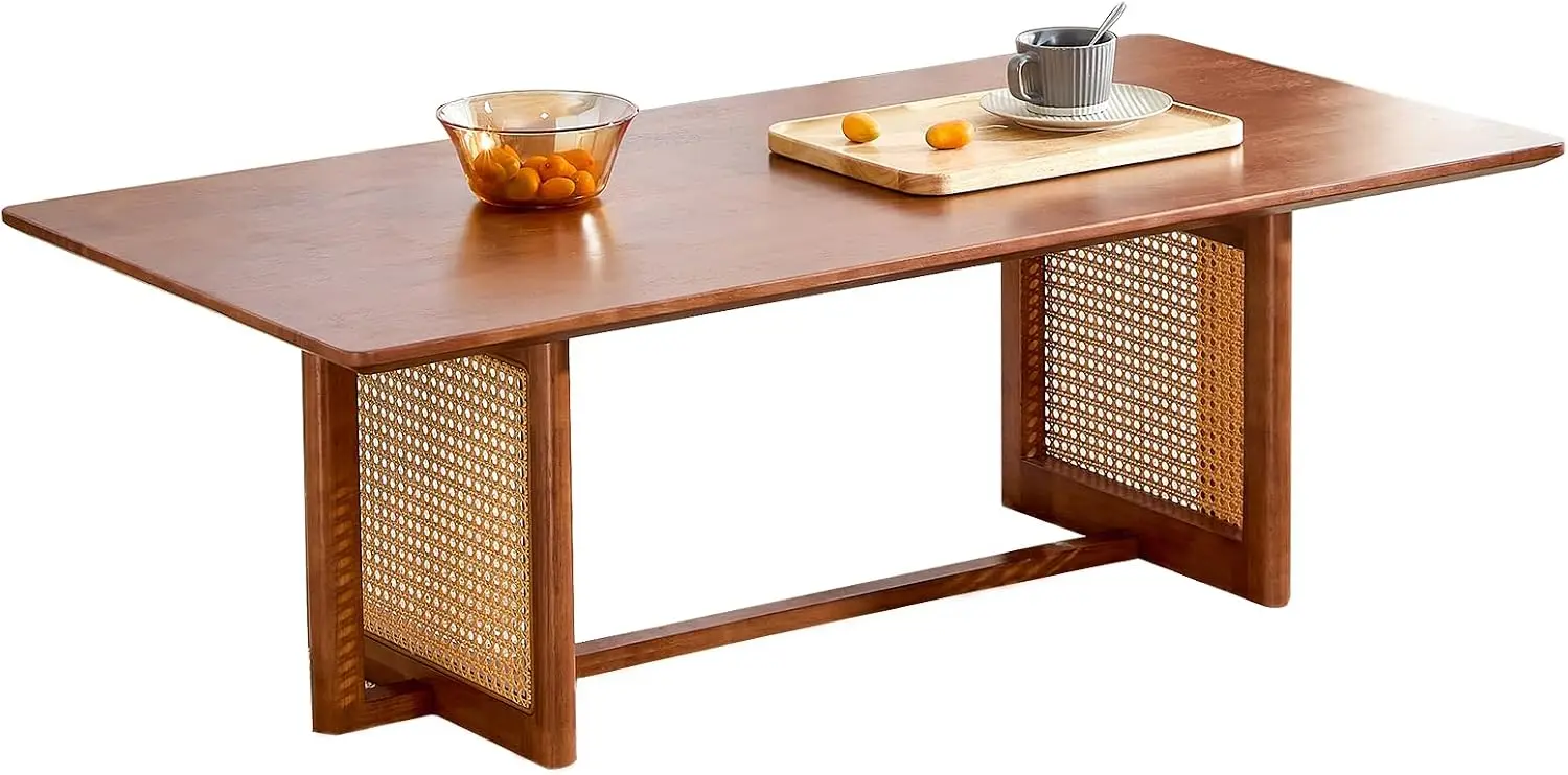 

Modern Wood Coffee Table Rectangle Cocktail Tea Table With Cross Legs Rattan Textured Storage Accent Centertable For Small Space Living Room Apartment, Walnut