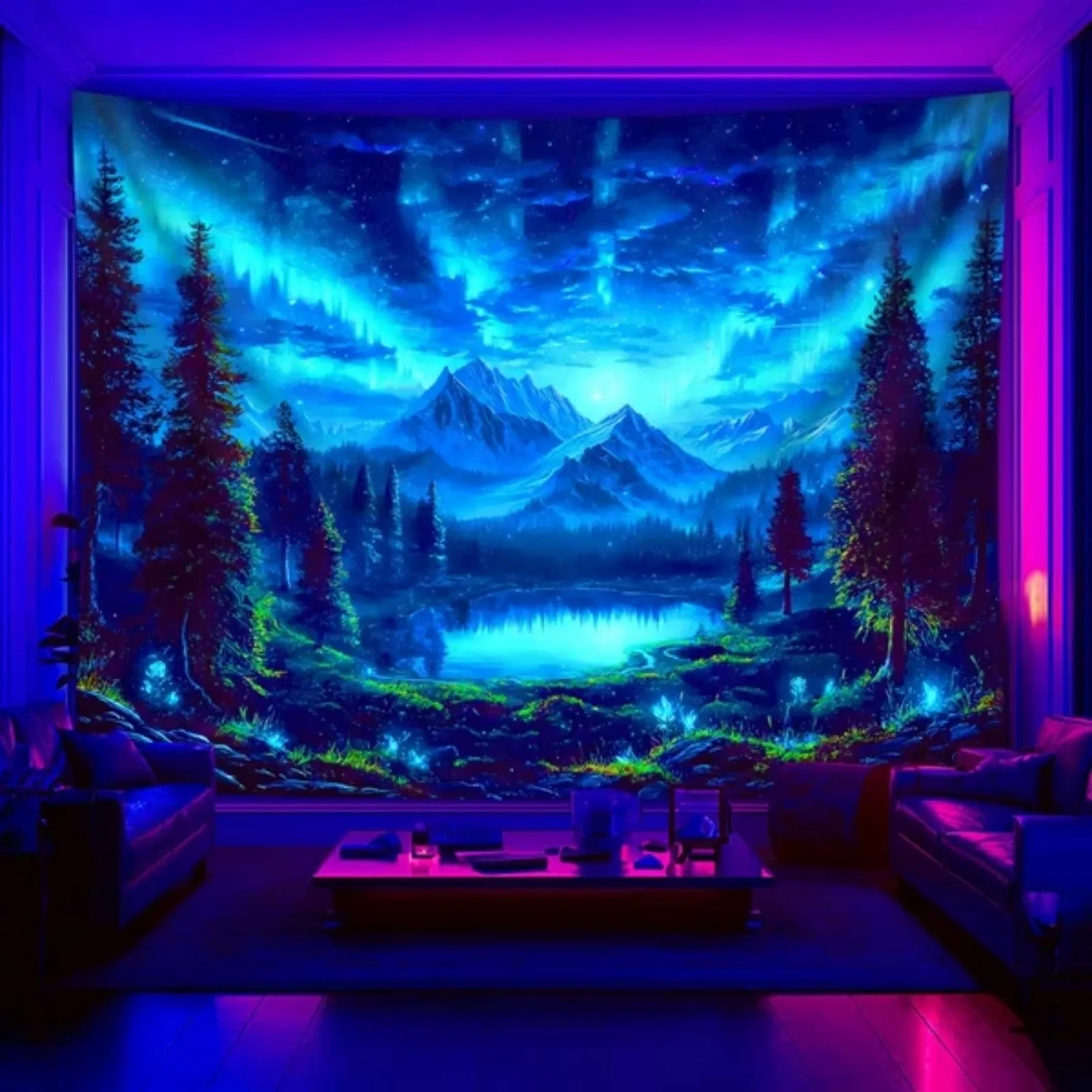 A Large-Sized Fluorescent Printed Tapestry Featuring a Starry Mountain Forest Lake That Glows Under Fluorescent Lights, Perfect for Bedroom Aesthetics, Parties, Celebrations, And Home Decor
