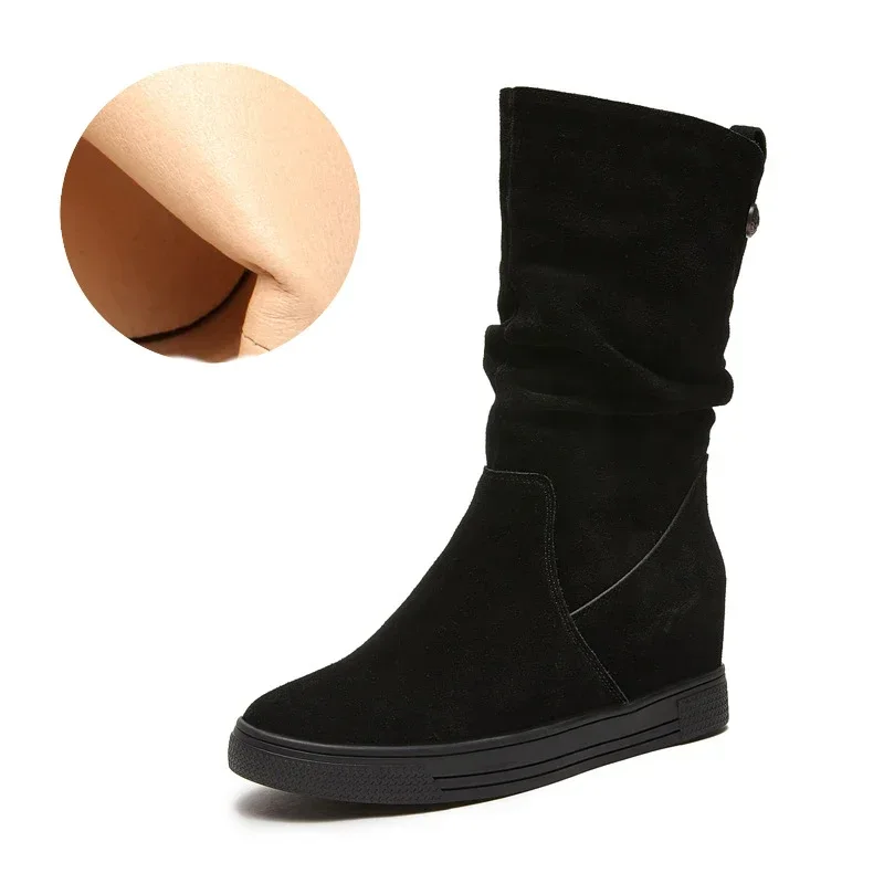 

7cm New Cow Suede Genuine Leather Cushioned Women Warm Durable Ankle Boots Autumn Platform Wedge Winter Plush Spring Shoes