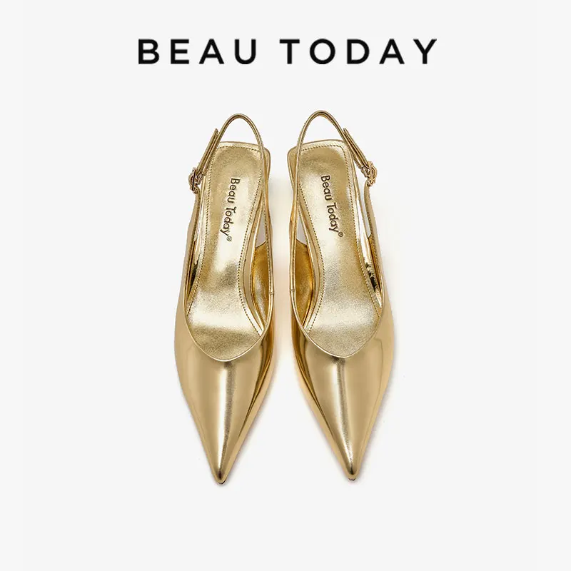 BEAUTODAY Stiletto Slingback Women Cow Leather Pointed Toe Buckle Strap Low Heel Ladies Party Shoes Handmade A31236