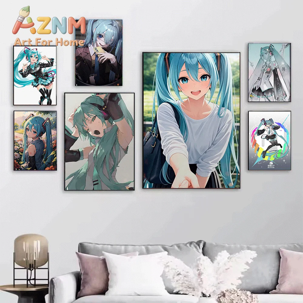AZNM Hatsune Miku Summer Watermelon Canvas Painting, Frameless Canvas Wall Art, Virtual Singer Anime Wall Painting for Bedroom