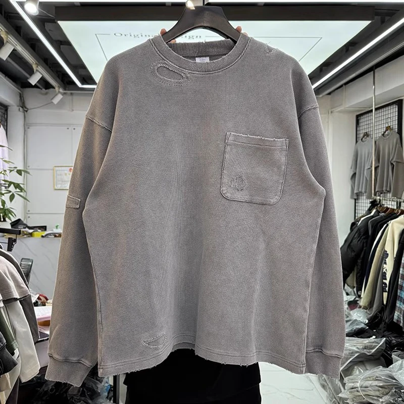 

Casual Simple Solid-colored Waffle Long-sleeved T-shirt Creative Design Patch Tops Retro Washed Do Old Sweatshirt