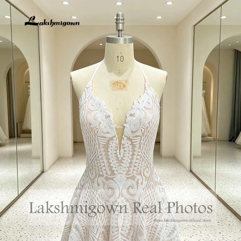 Lakshmigown A-Linie Boho Bohemian Strand-Spitzen-Hochzeitskleid V-Ausschnitt Rückenfreies Brautkleid Spaghettiträger abito da sposa Maßanfertigung – Detail 7