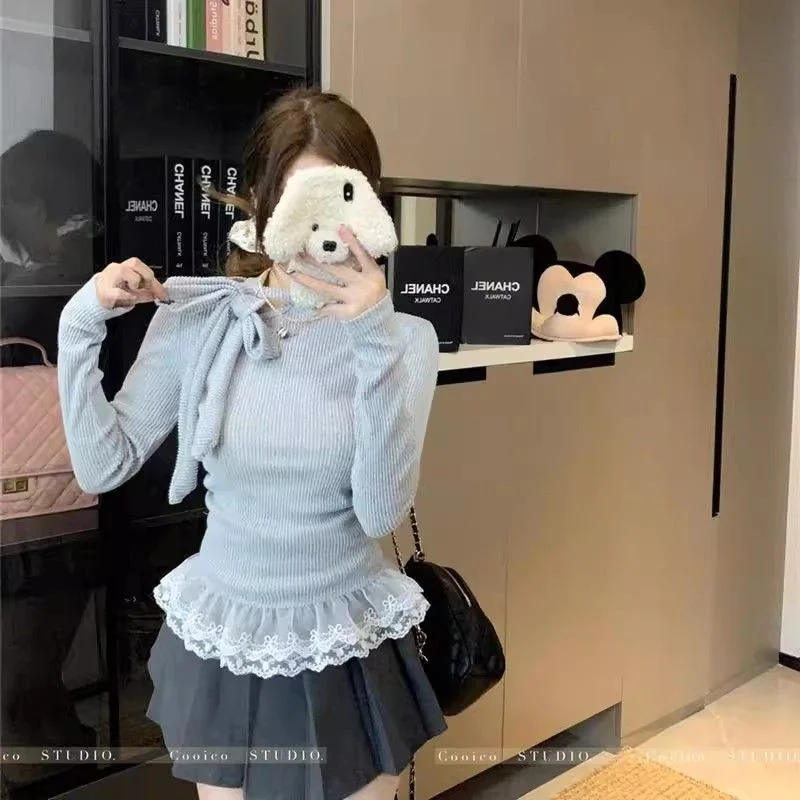 

Ультра изысканный топ с балетной футболкой с длинными рукавами в стиле пэчворк, новый дизайн с бантом-бабочкой, облегающий кружевной топ с эффектом похудения