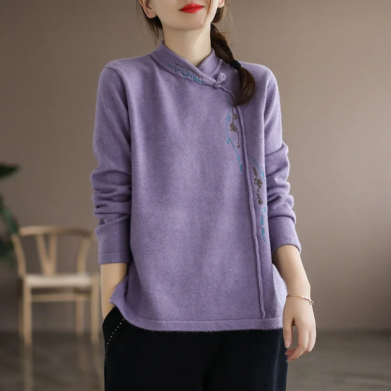 

Vintage Stand Collar Decoration Embroidery Blouses Women's Clothing 2023 Autumn New Loose Casual Pullovers All-match Shirts