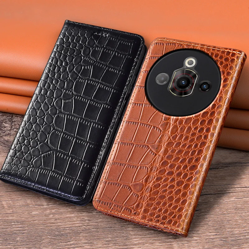 

For ZTE Nubia Focus Pro 5G Flip Case Crocodile Pattern Magnetic Cover Luxury Cowhide Genuine Leather Card Pocket Wallet Cases
