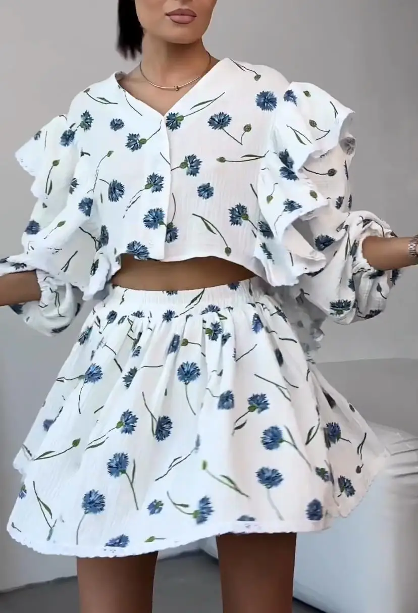 New Fashion Casual Long Sleeve V-neck Print Floral Loose Fit Ruffled Cotton Linen Shirt & Elastic Waist Skirt,2-Piece Outfit