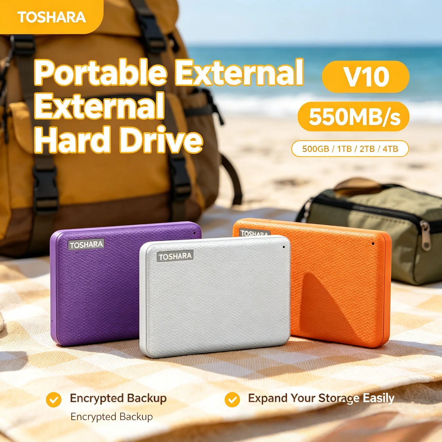 550MB/s TOSHARA Portable External Hard Drive 4TB 2TB 1TB 500GB High-Speed Encrypted Wide Compatibility Reliable Storage