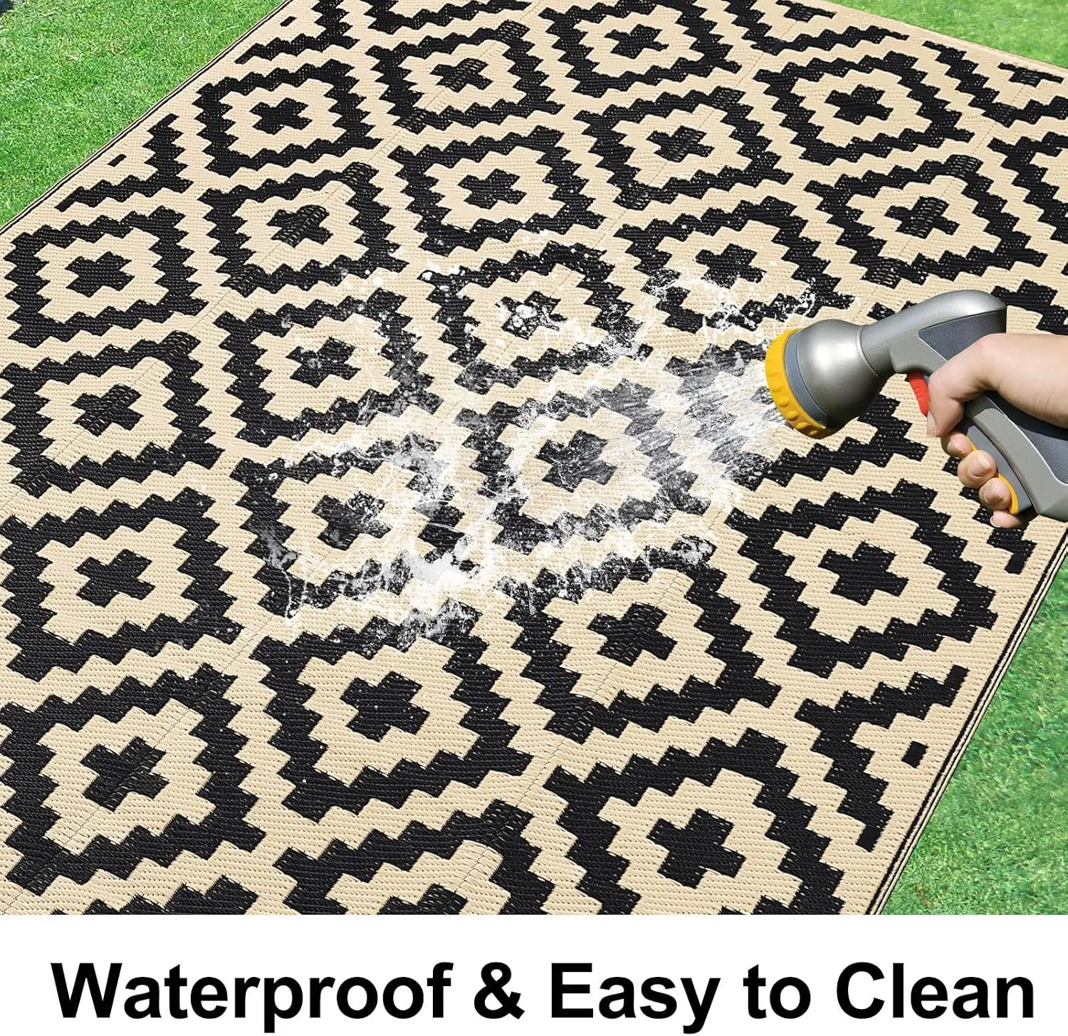 Outdoor Rug 9x12 ft Waterproof Reversible Boho Mat, Black & Beige | Polypropylene Plastic Straw, Quick Drying, Lightweight Folda