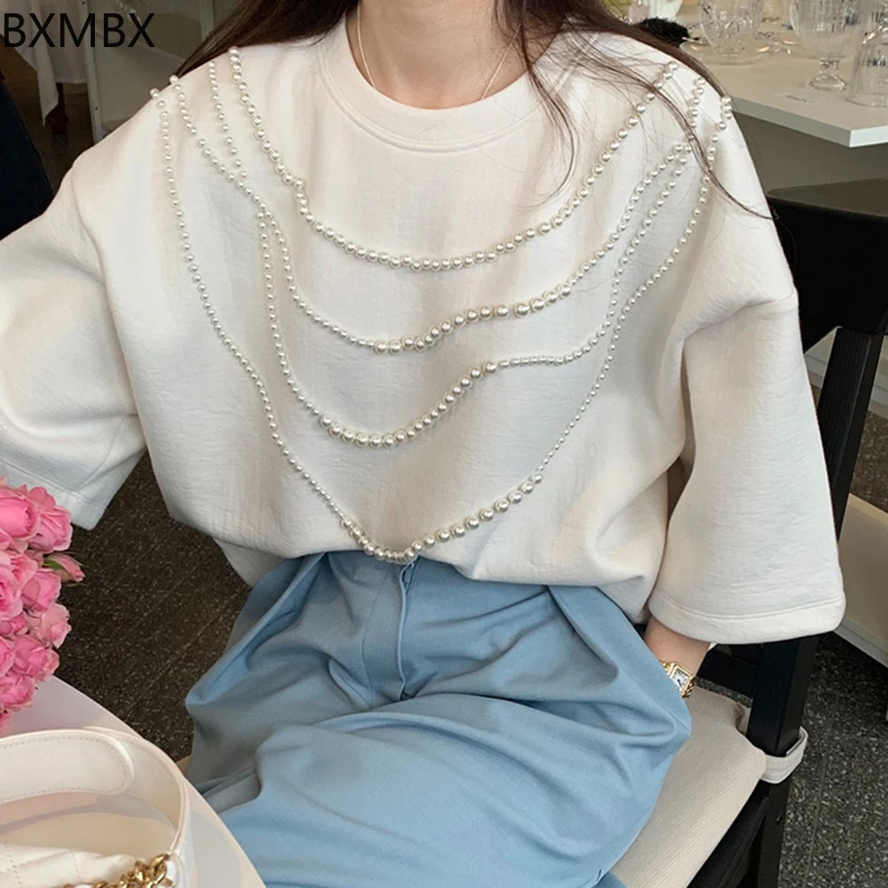 

Beads embellished short-sleeved T-shirt summer new French design loose casual versatile top