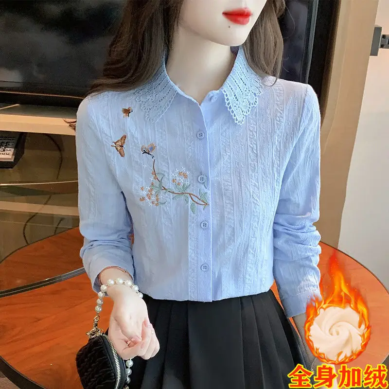 Chemise à manches longues en coton pour femmes, chemisier Simple en flanelle avec broderie Patchwork et dentelle