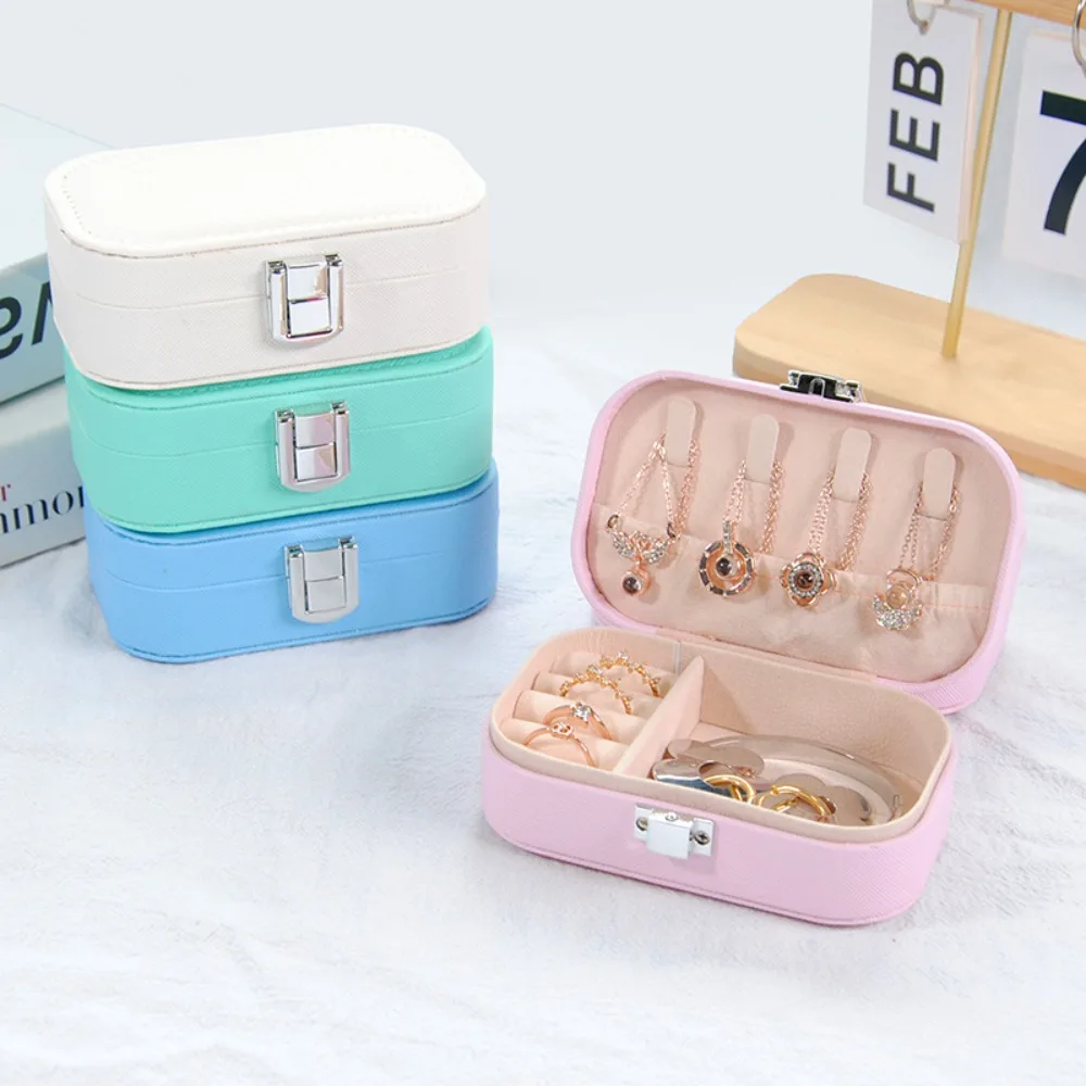 

Macaron Color Leather Jewelry Organizer Box Classic Multi-functional Earring Storage Case Mini Portable Trinket Storage Box