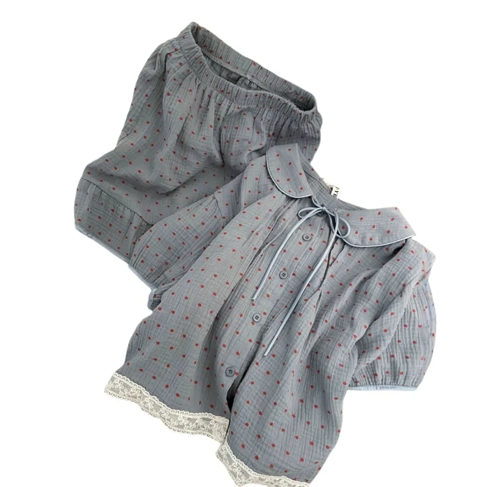 

Comfortable Dot Sweet Pajamas Set O Neck Loose Short Sleeve Nightwear Lace Ruffle Home Wear Suit 2 Pieces Sleepwear Sleep