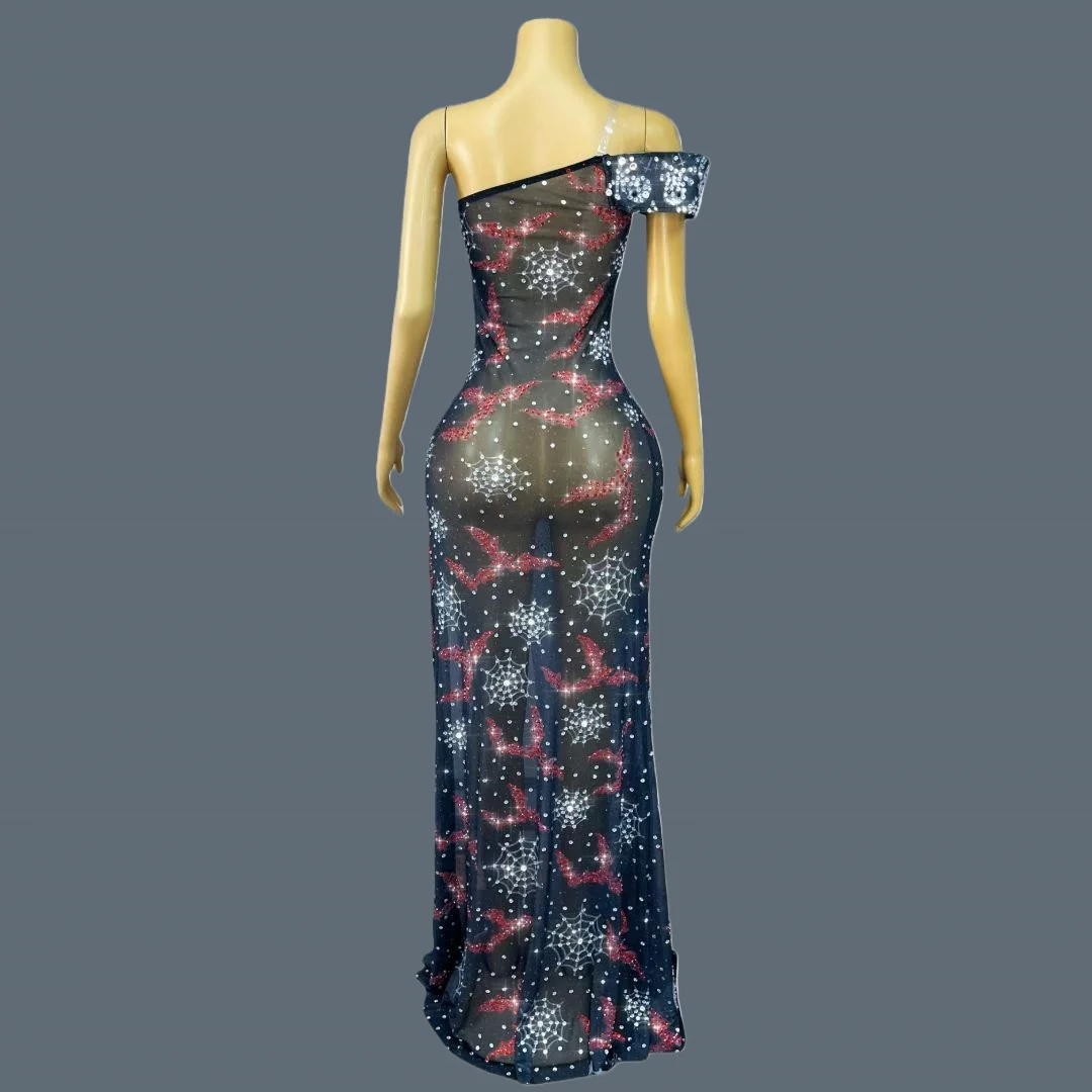 High-end Black See Through Mesh Evening Gown Sexy Women Party High Side Slits Sparkly Moon Rhinestone Elegant Long Dress Nvwu