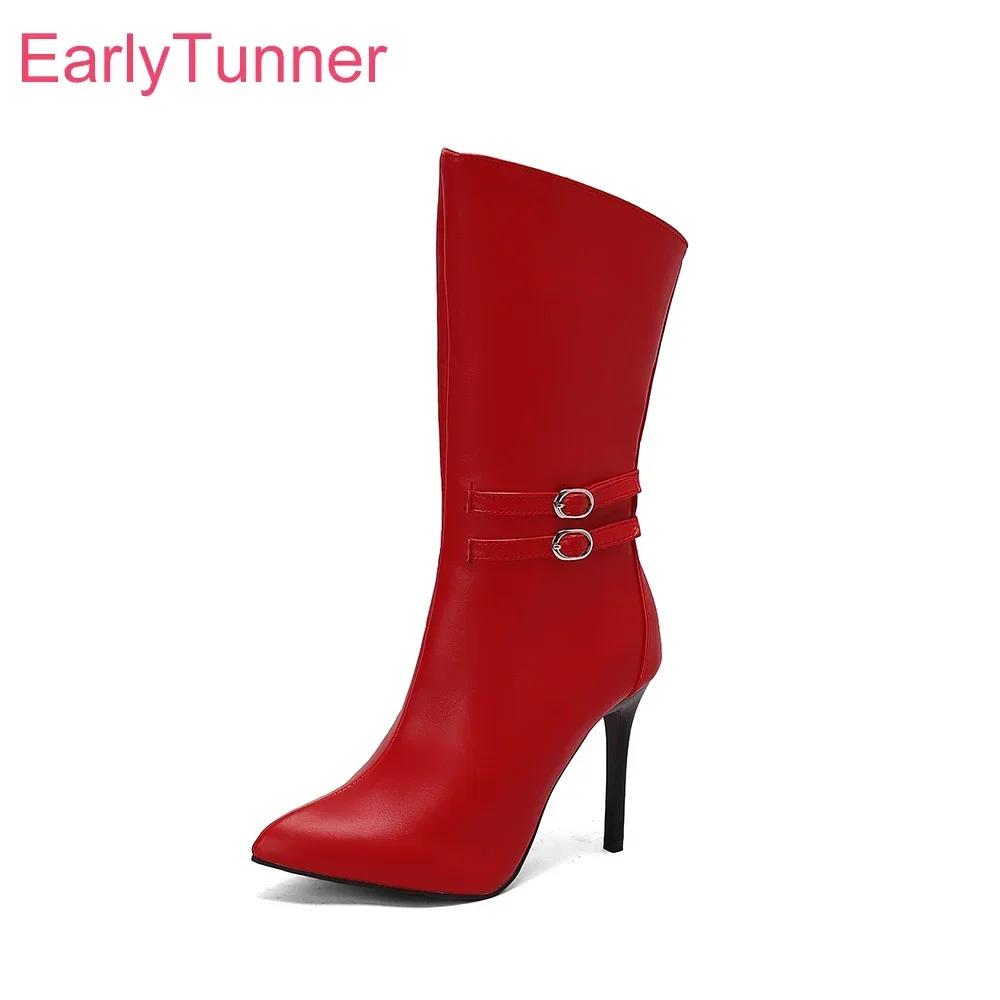 2024 Winter Glamour Red White Women Mid Calf Boots Sexy Pointed Toe High Heels Lady Nude Shoes Plus Big Size 12 43 45 48