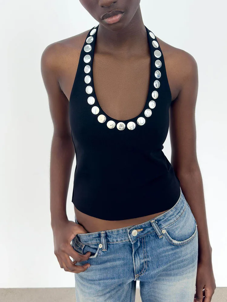 Fashionable Backless Collarless Women's Top with Rivet Decoration New Arrival Versatile Summer Style Short Sleeveless Design