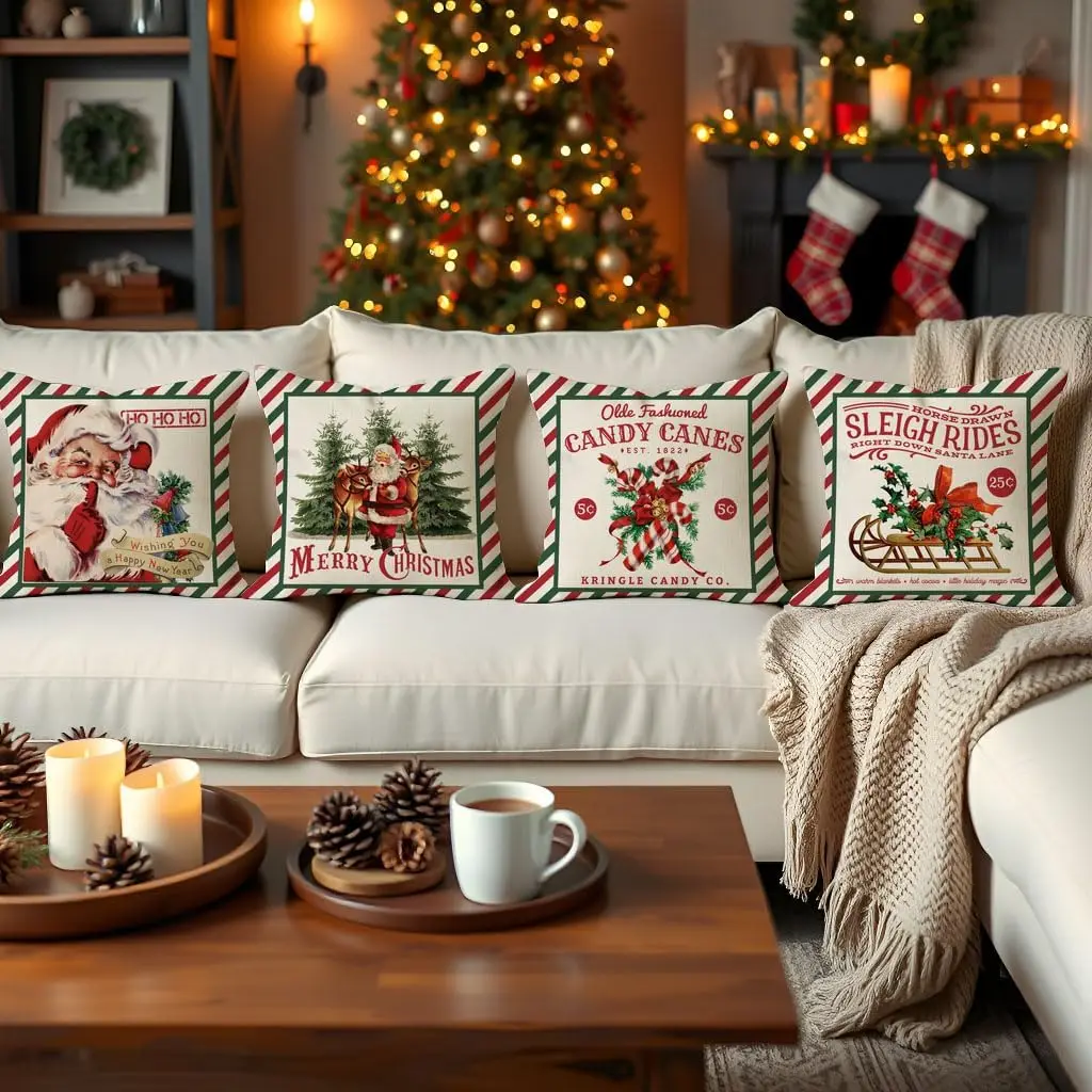 Christmas Pillow Covers 18x18 Set of 4, Vintage Christmas Decor, Holiday Red Green Striped Candy Cane Santa Sleigh Ride
