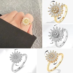 Fashion Crystal Sunflower Rings for Women Rotatable Anti Stress Anxiety Zircon Adjustable Ring You Are My Sunshine Jewelry Gift