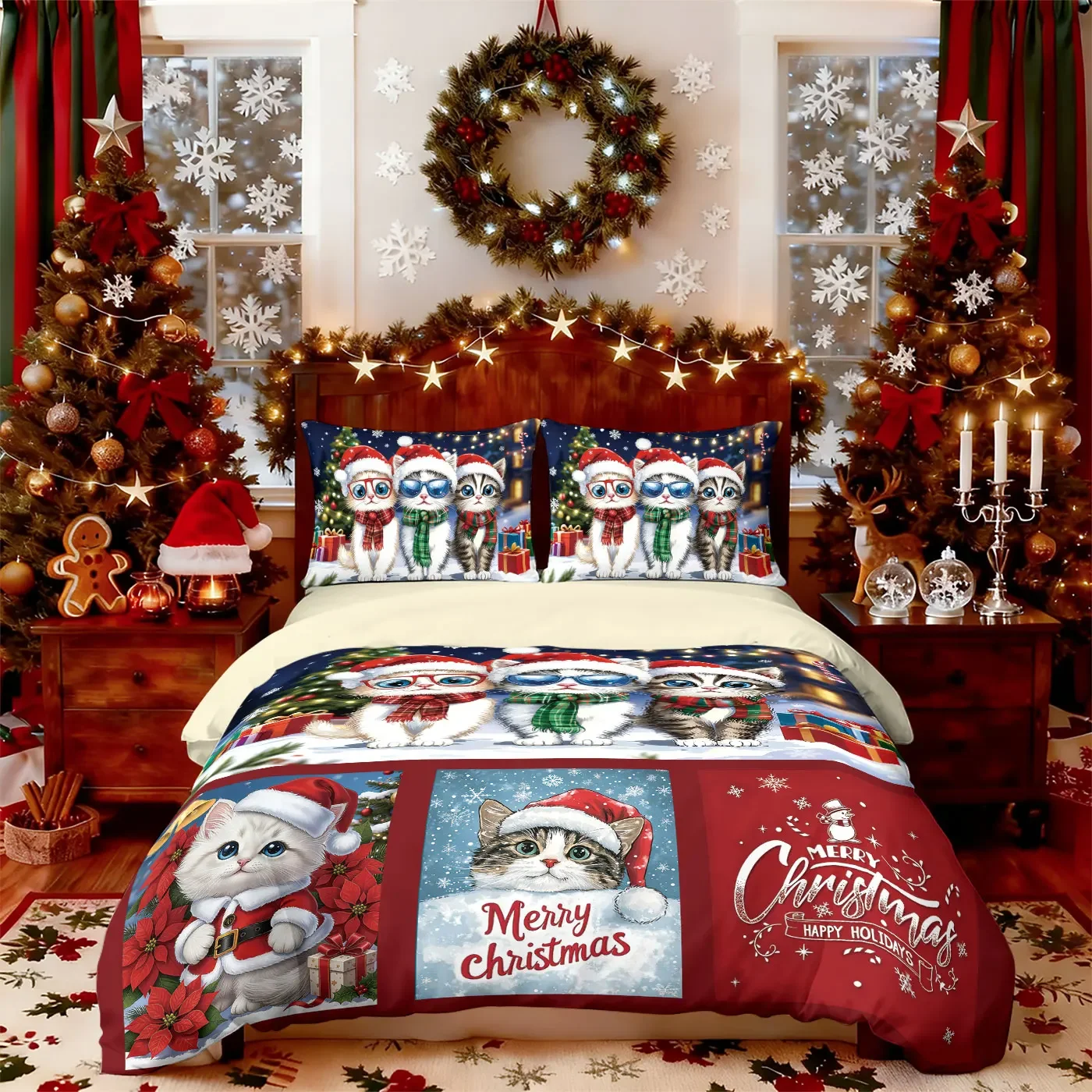 

3pcs Merry Christmas Cat Bedding Set Printed Chipless Duvet Cover Set Soft Dormitory Bedroom Multiple Sizes Machine Washable