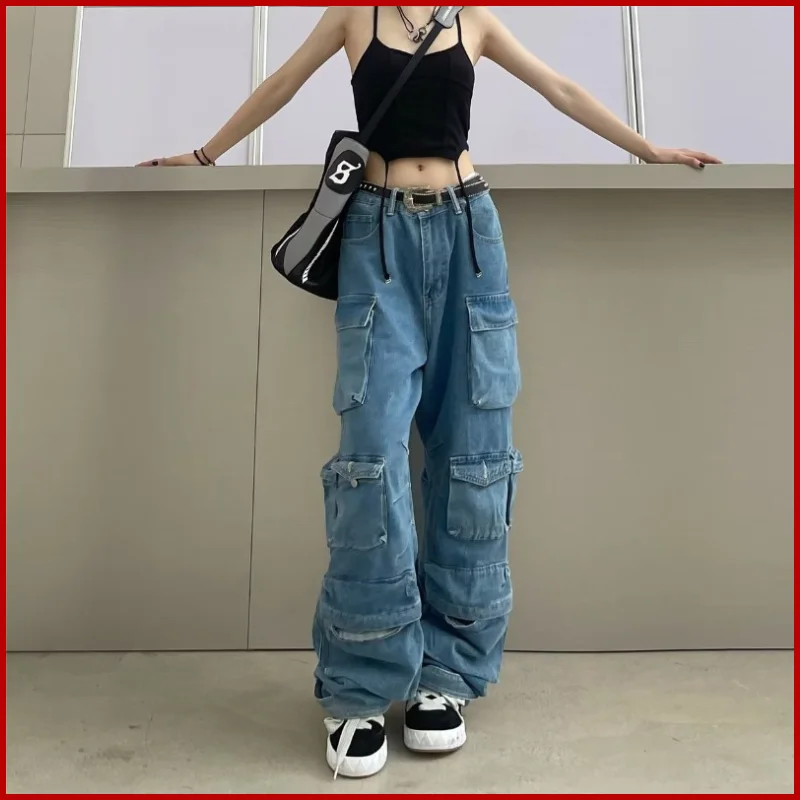 

Japanese Personality Street Fashion Wide Leg Jeans Zipper Light Color Washed Cargo Pants Denim Style Pants