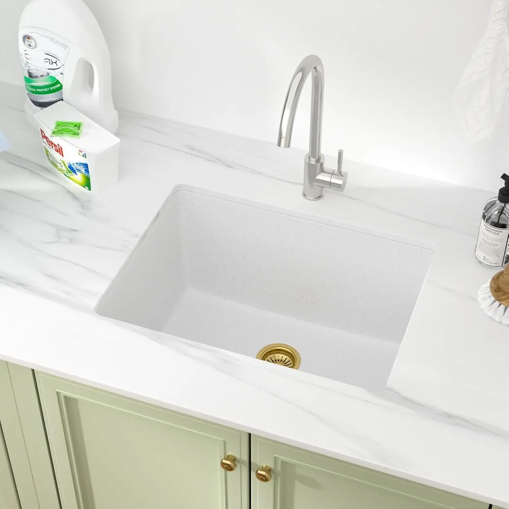 Pia de lavanderia de 24 polegadas sob montagem – Pia utilitária branca composta de granito de quartzo 24 x 18 x 12 polegadas Bacia de granito de 12 polegadas, durável S