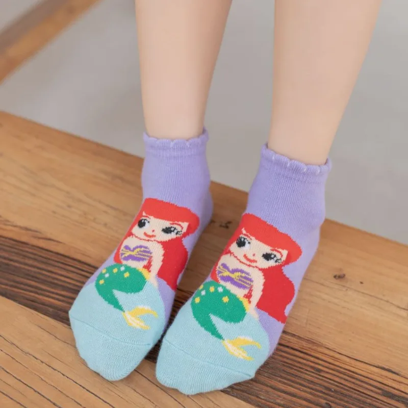 Calcetines cortos de algodón con estampado de Disney para niñas, medias transpirables con dibujos animados, de 0 a 12 años, 5 pares