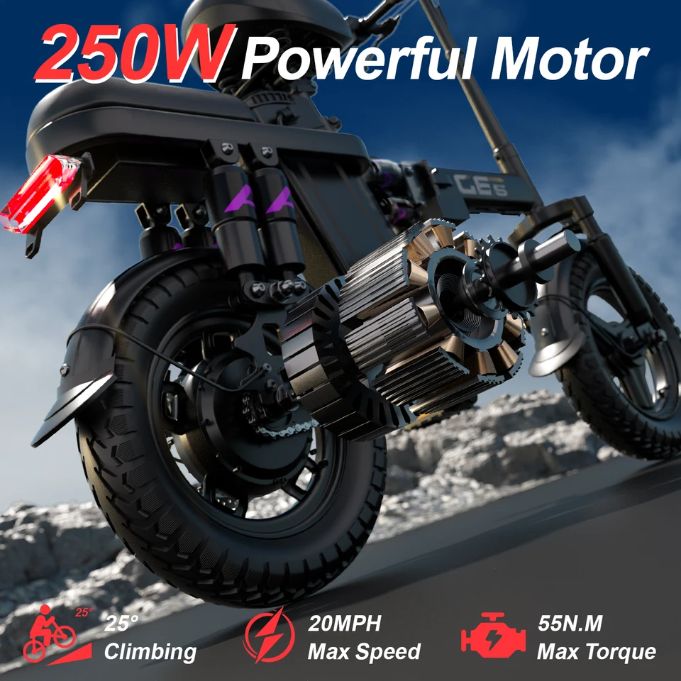 UPlee GE5 48V 15AH Battery EBike 30+MPH 250W Folding Electric Bike 30 Miles Max Range Electric Bike for Adults 14" Fat Tire image 5