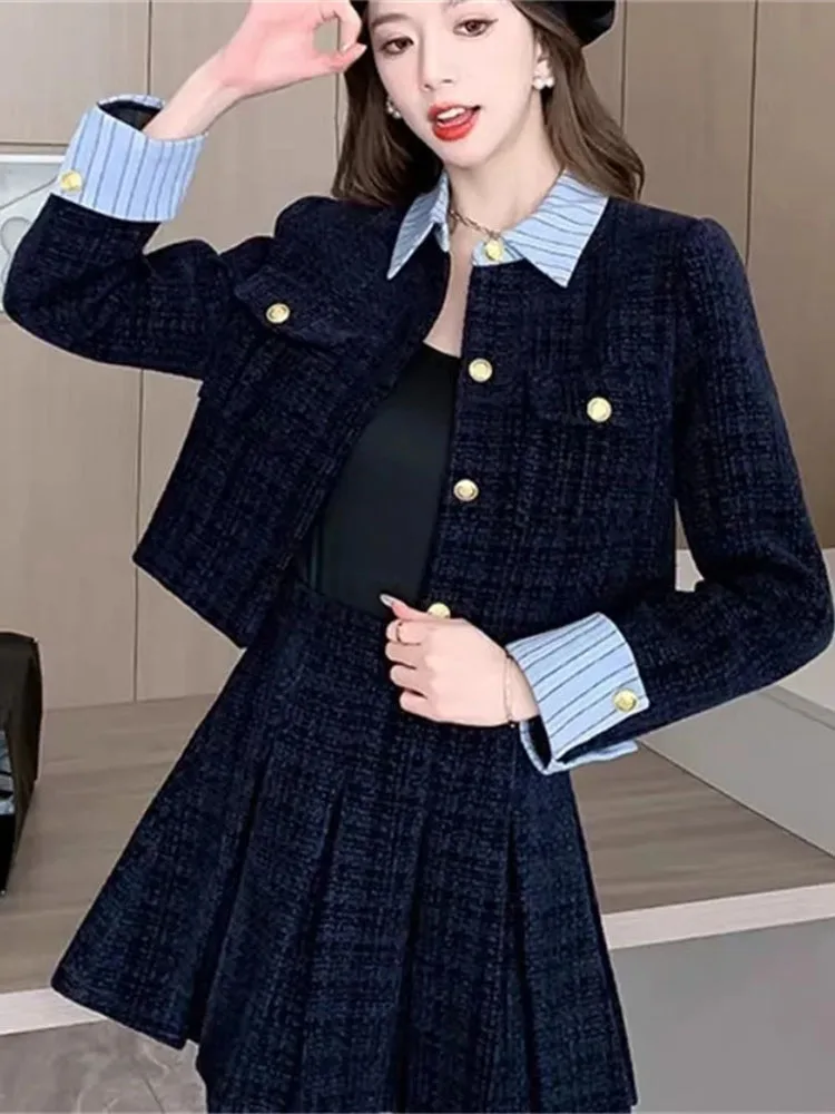 2024 Spring Autumn New Korean Version Temperament Small Fragrance Short Coat Ladies Slim High Waist Pleated Skirt 2 Piece Set