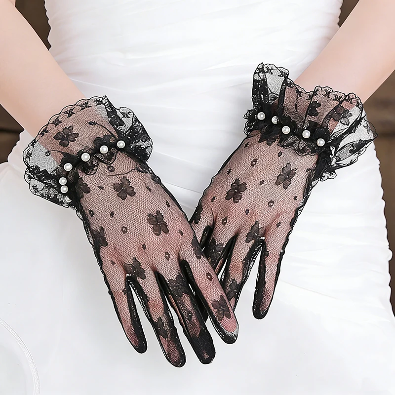Women's Sheer Floral Sexy Lace Gloves Ruffled Cuff with Faux Pearl Decor Elegant Bridal Wedding Evening Party Prom Vintage