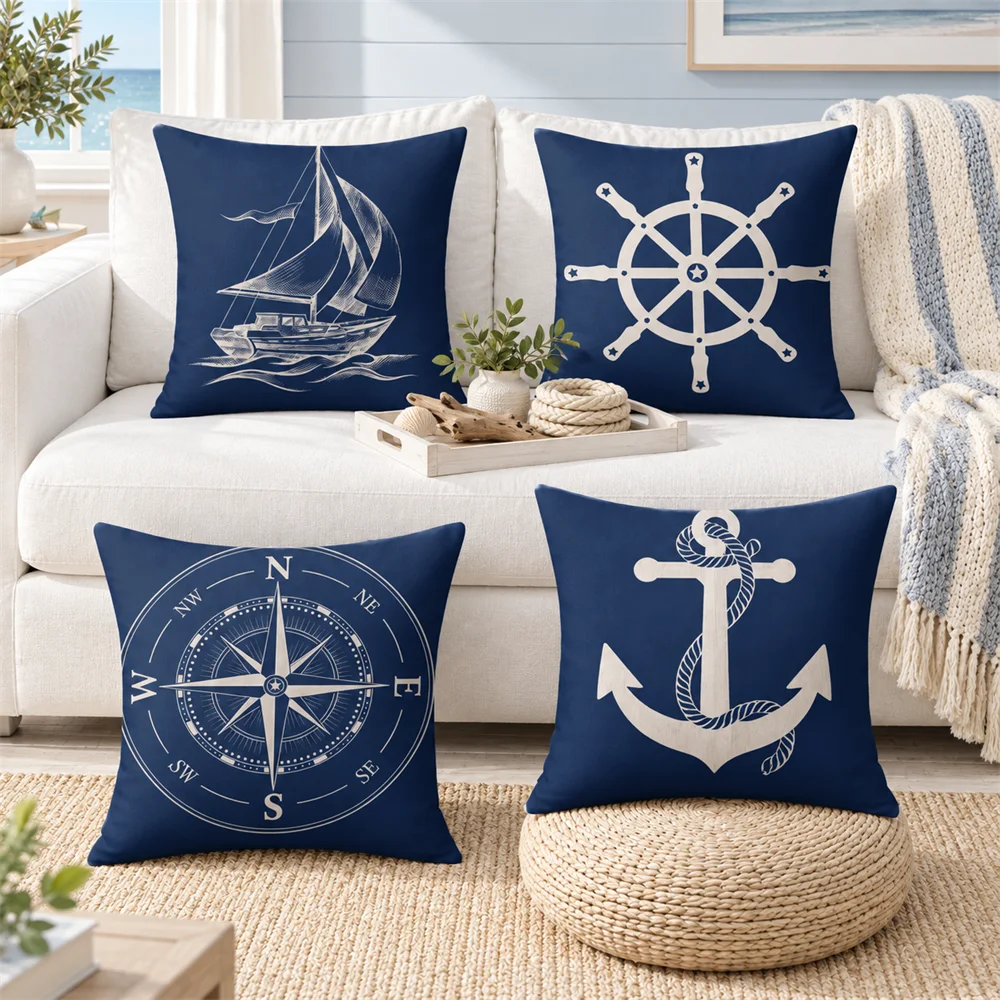 Navy Blue Nautical Cushion Cover Soft Short Plush Pillow Cases Hidden Zipper Cutecore Sofa Bedroom Home Decor Gift