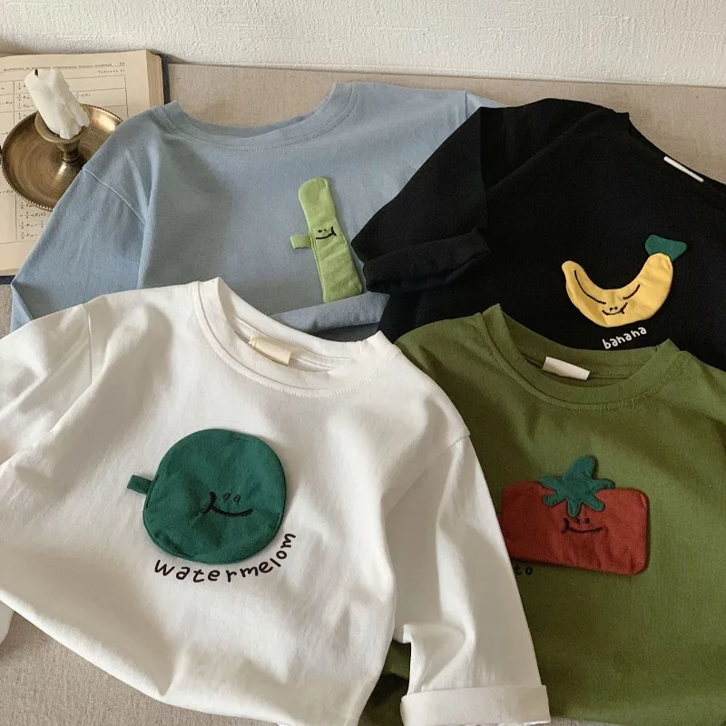 HoneyCherry New Spring Children's Long-Sleeved Three-Dimensional Patched Fruit Base Layer Top, Round-Neck Cotton Upper Garment