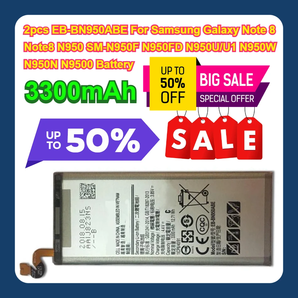 

3300mAh 2pcs EB-BN950ABE For Samsung Galaxy Note 8 Note8 N950 SM-N950F N950FD N950U/U1 N950W N950N N9500 Battery