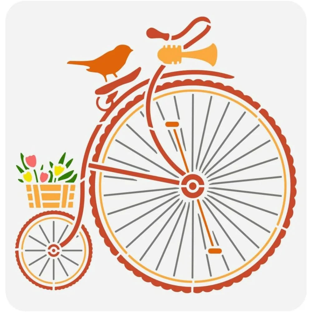 Vintage Bike Painting Stencil 11.8x11.8 inch Big Wheel Bicycle Drawing Template Reusable Bird Flower Basket Stencil for