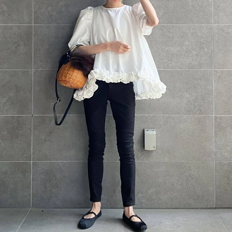 O-neck Bubble Sleeve Solid Blouse Women Irregular Fungus Loose Casual Shirts Tops Japanese Elegant Chic Blusas Mujer 2024 Summer